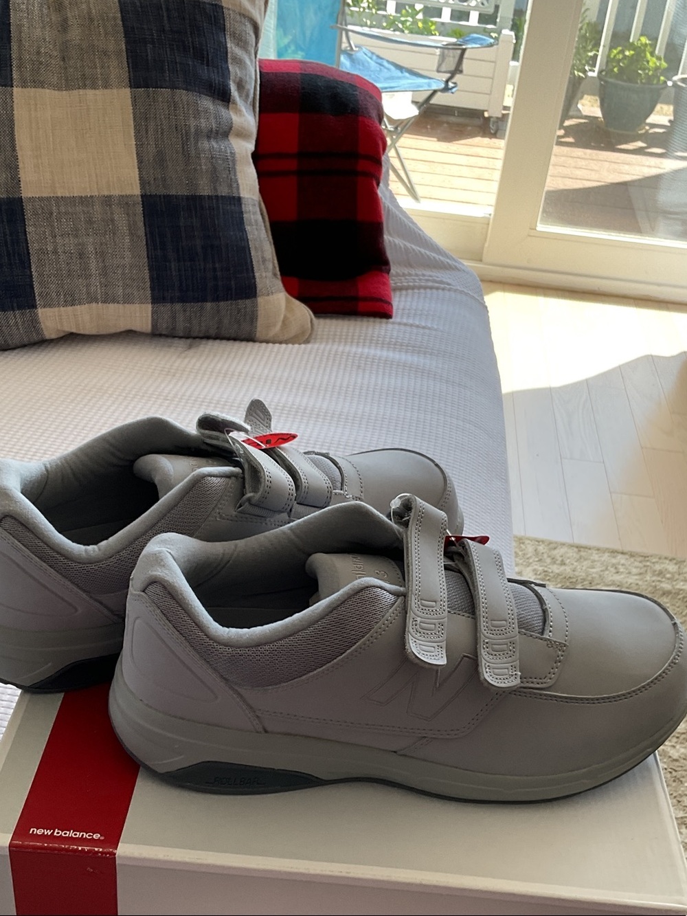 New Balance men  Gray Velcro Sneakers with Red Pull Tabs